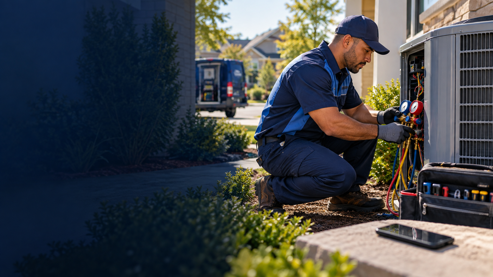 HVAC technician servicing an outdoor air-conditioning system