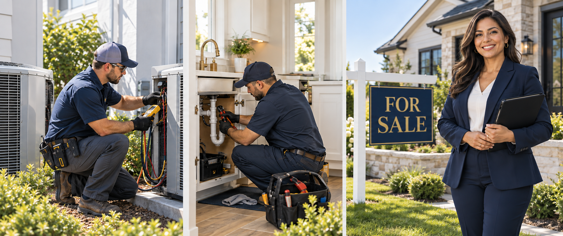 An HVAC technician servicing an air-conditioning unit, a plumber repairing pipes, and a Hispanic female Realtor beside a for-sale sign