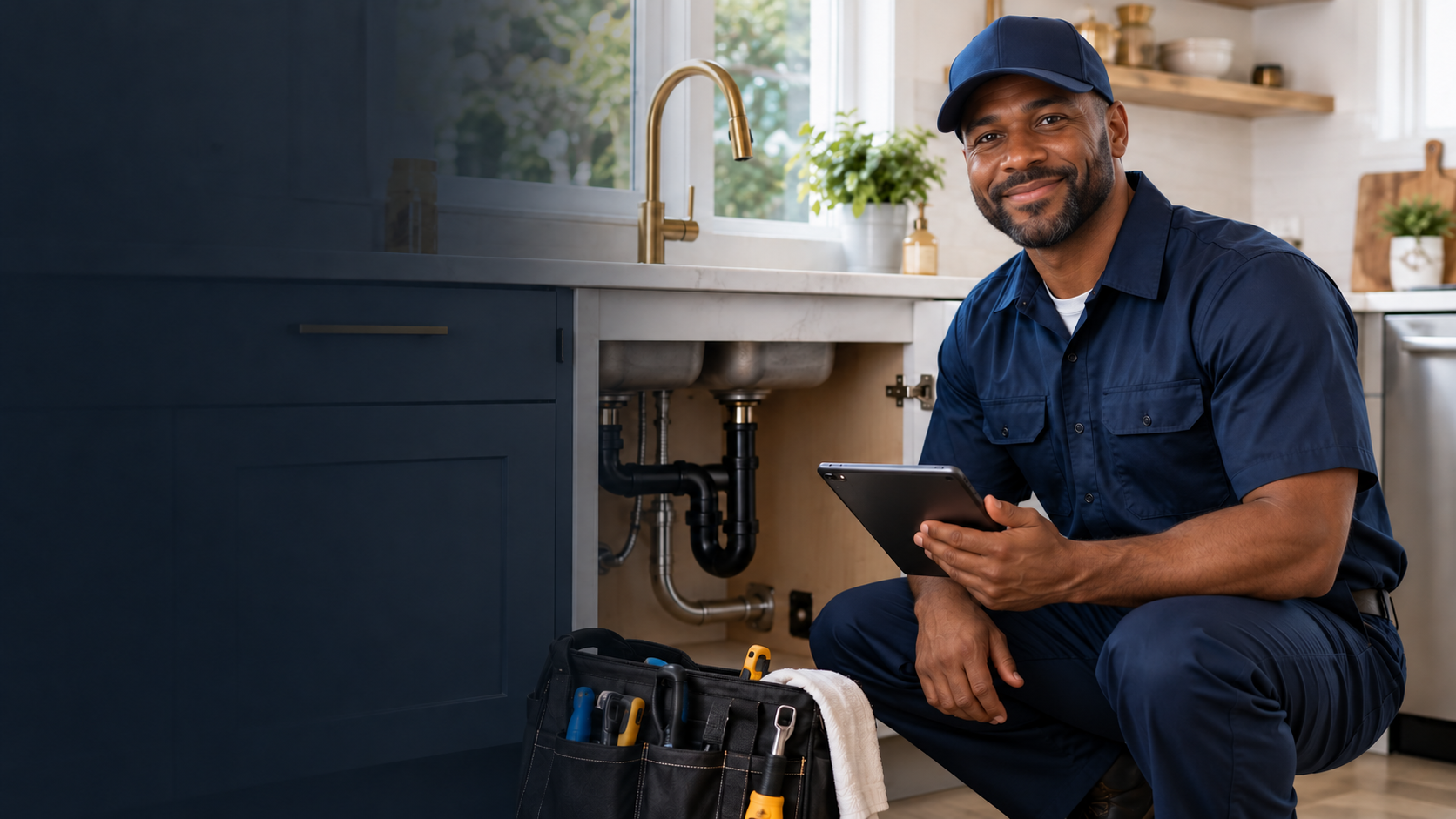 Professional plumber technician ready to serve a residential customer