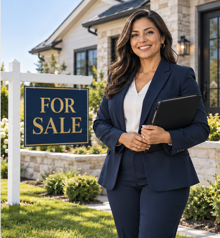 Hispanic female Realtor standing beside a for-sale sign